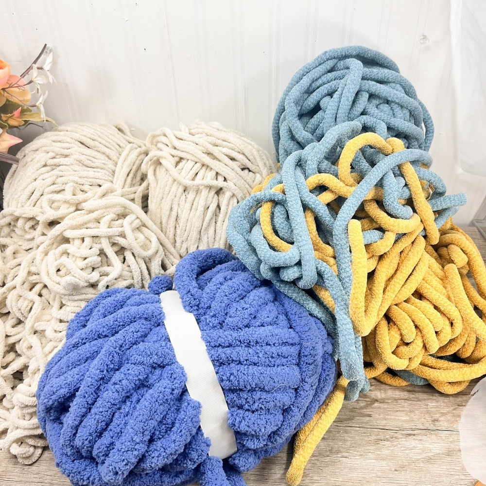 Bernat Blanket Extra Thick Yarn  - Gold /Blue and Chenille Cream Lot
